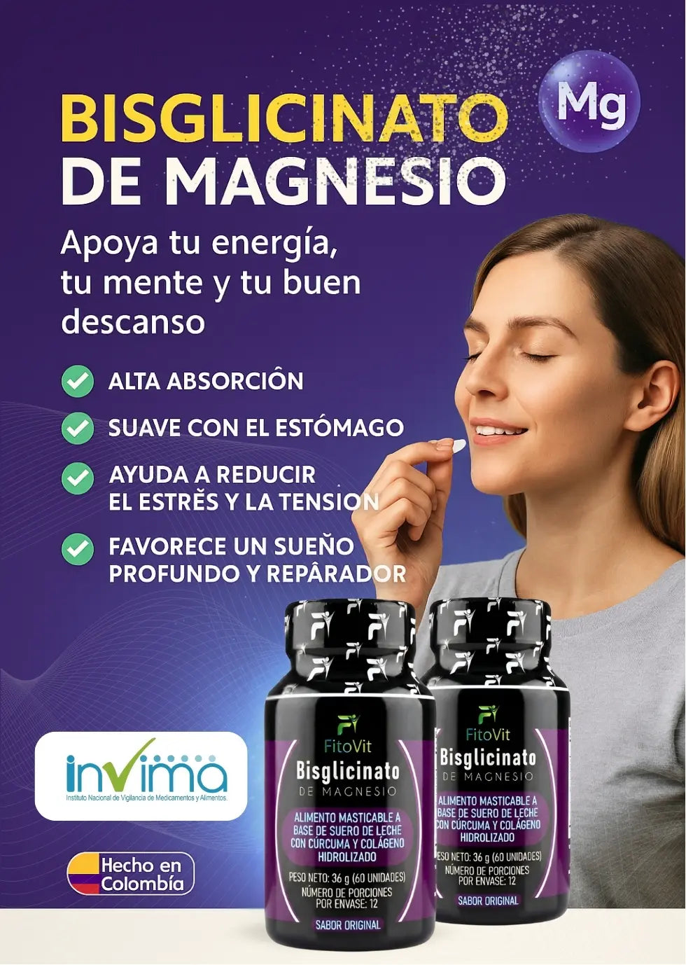 Magnesio Bisglicinato 100% Puro | 60 pastillas de alta Absorción y Máxima Relajación