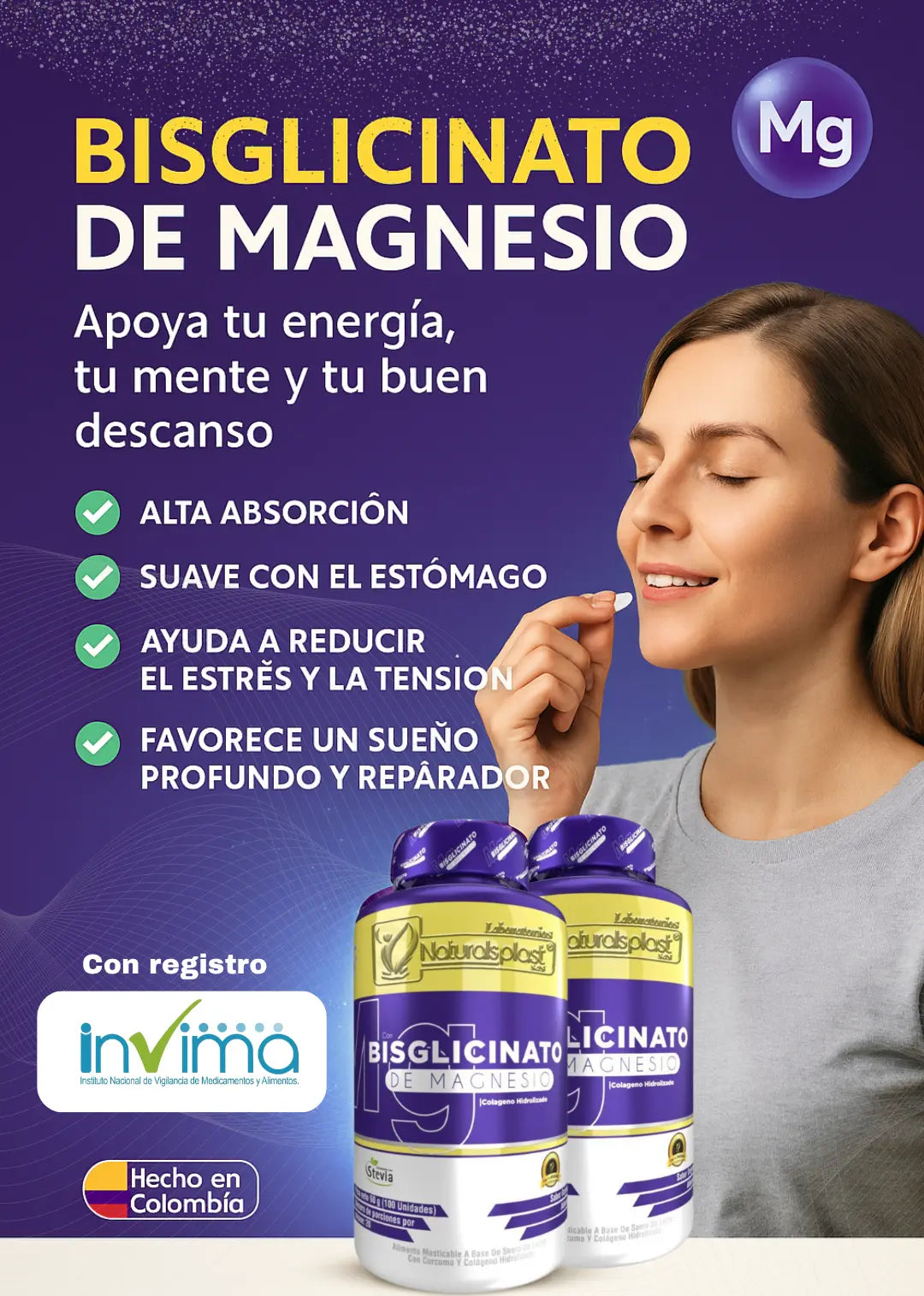 Magnesio Bisglicinato 100% Puro | 100 pastillas de alta Absorción y Máxima Relajación
